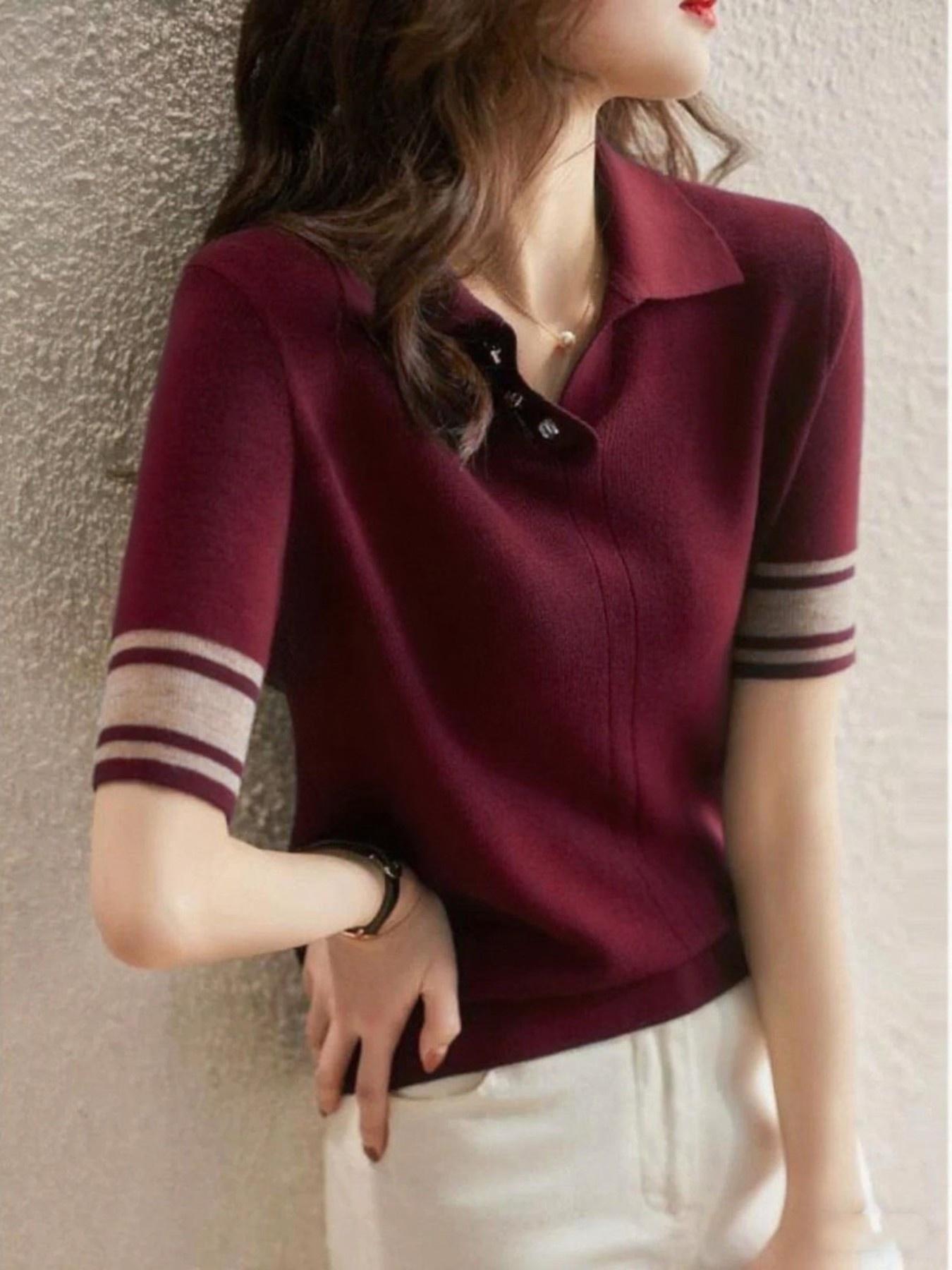 New Fine Knit Polo Shirt T-Shirt for Women, Spring & Fall Versatile Stylish Fitted Knitted Aesthetic Short Sleeve Bottom Layer Top, Casual Fashion