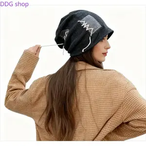 Women's Lightweight Stretch Knit Brimless Cap with Rope Detail and Decorative Ball - Chic All-Day Fit Hat for Holiday Wear, Casual Outfits, Perfect for Black Friday