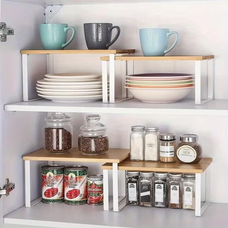 Wooden & Carbon Steel Kitchen Cabinet Organizer Set, Stackable Multi-Functional Storage Shelves, Non-Food Contact Safe Material