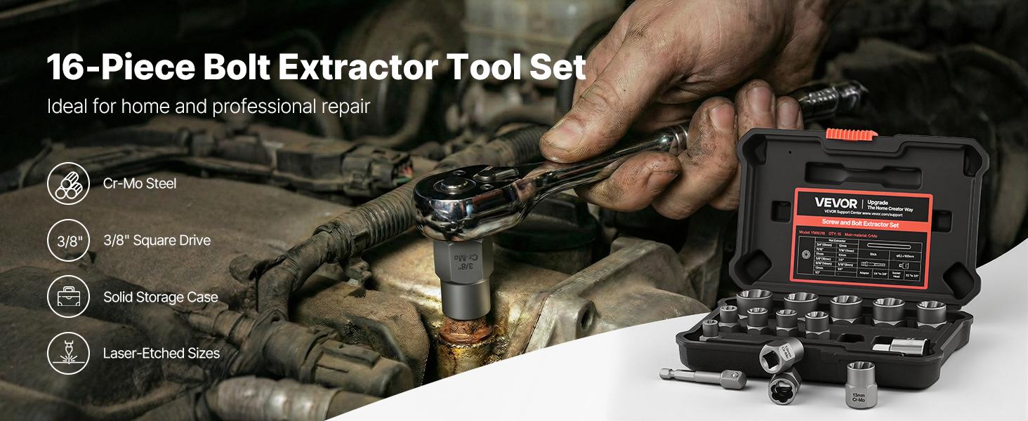 VEVOR Bolt Extractor Kit, 16 Pieces Impact Bolt Nut Remover Set with Adapters and Pin Punch, Solid Storage Case, Cr-Mo Steel for Removing Damaged, Rusted, Stripped, Rounded Bolts, Nuts and Screws