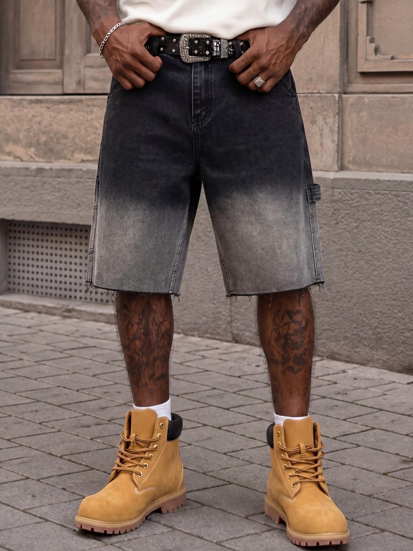 Men's Black Gray Gradient Washed Loose Denim Shorts, Knee-Length Frayed Hem Cargo Jorts, Vintage Y2K Hip-Hop Skate Streetwear Summer Casual Men's Denim Shorts, Suitable as an Everyday Outfit Gift for Husband or Boyfriend