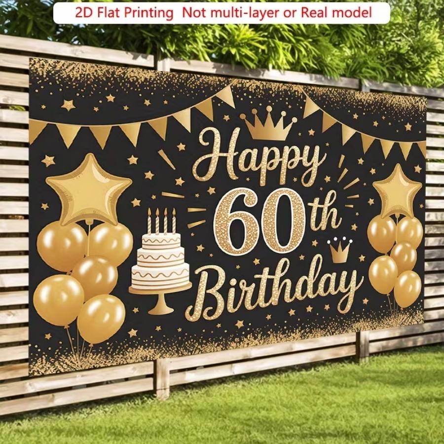 Gold 60th Birthday Banner, Balloon and Confetti Elements, Polyester Material, Party Wall Decor, Ideal for Photoshoots and Celebrations