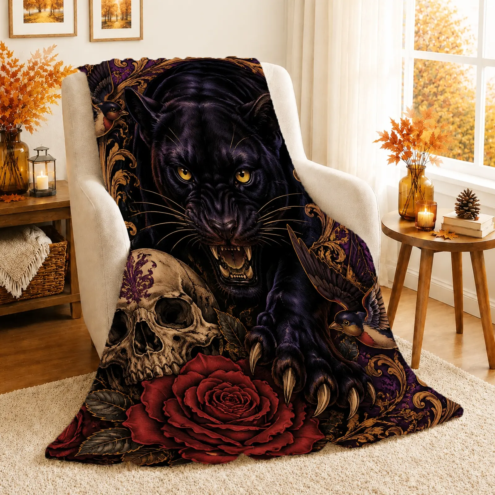 1pc Black Panther Skull Roses Blanket, Gothic Vintage Style, Intricate Floral and Animal Graphic Design with Rich Colors, for Living Room Bedroom Home Decor and Halloween Decor