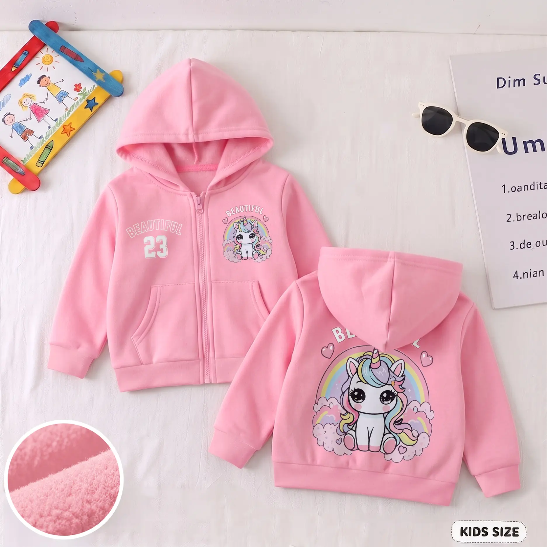 Girls’ Rainbow Unicorn Graphic Zip-Up Hooded Jacket, Trendy Front Chest Print and Statement Back Design Long Sleeve Hoodie for Travel, School, Parties and Everyday Wear