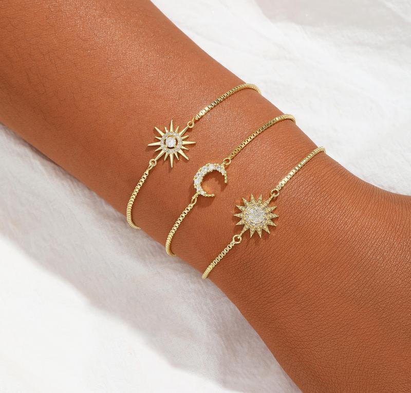 CAROVO Dainty Bracelets for Women, 14k Gold-Plated Layered Charms Bracelet Herringbone Satellite Beads Box Rope CZ Bracelet Adjustable Cuba Link Chain Bracelet Set Jewelry Gifts