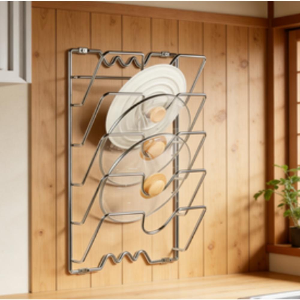 Sturdy hooks for hanging pot lids: a multi-layer wall-mounted storage solution suitable for pots and lids, a space-saving kitchen accessory, ideal for homes and restaurants.