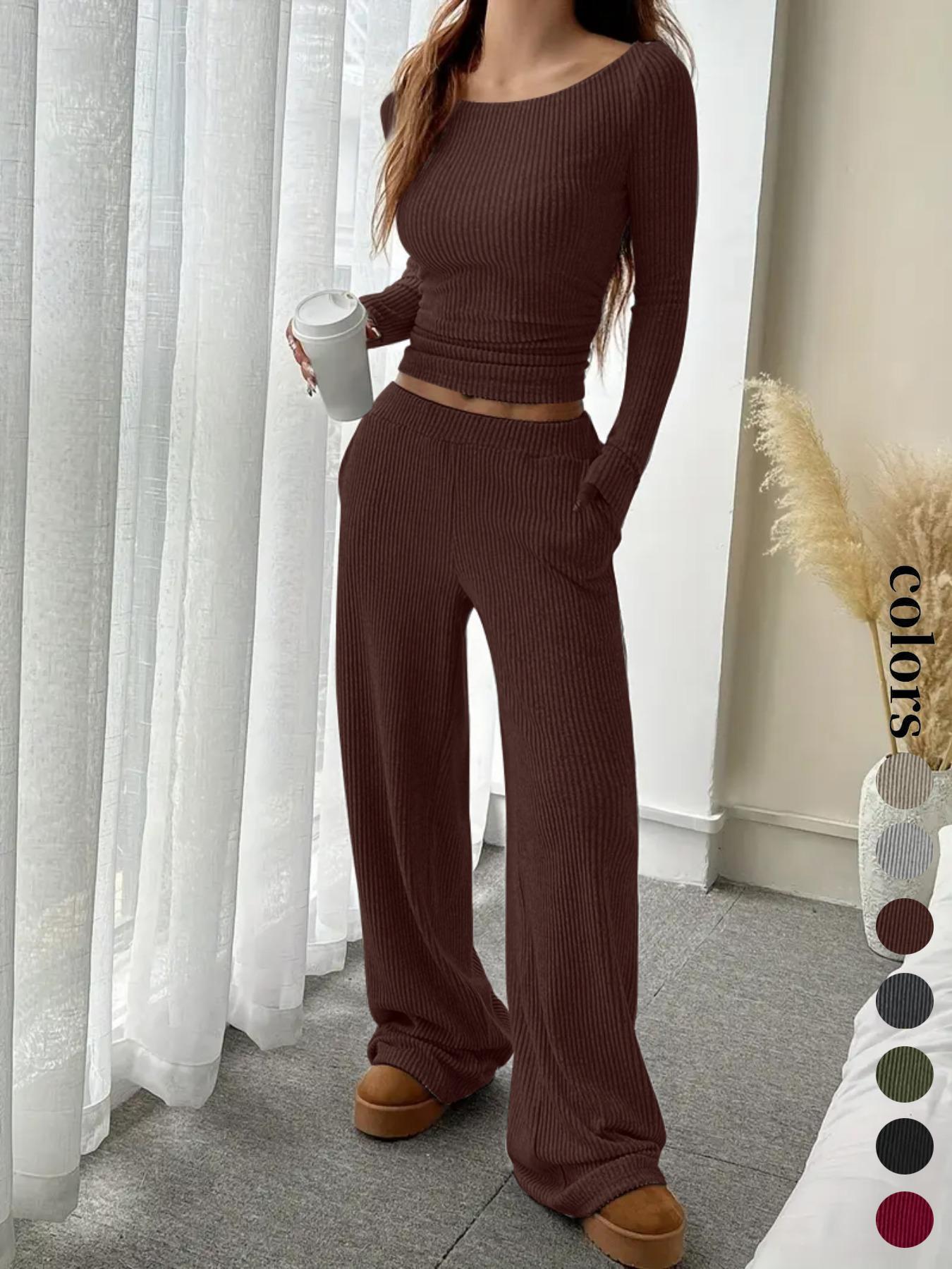 Women's Casual Striped Long Sleeve Top & Loose Pocket Pants Set, European Style Womenswear, Comfortable for Daily Wear