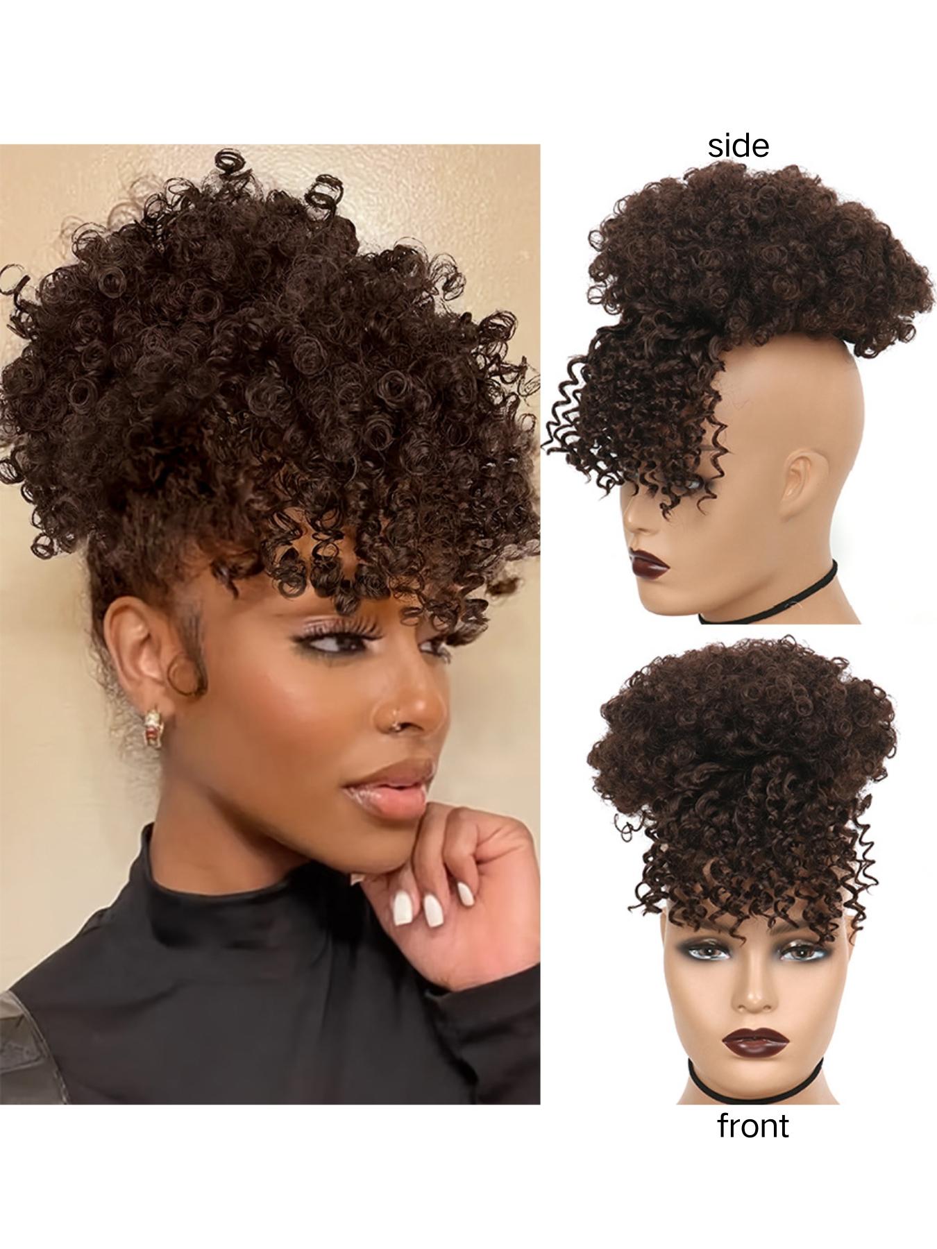 Women Drawstring Hair Bag, African Loose Curl Ponytail Extension, Bangs Flower Braid Style, High Crown Heat Resistant Fiber Wig Piece