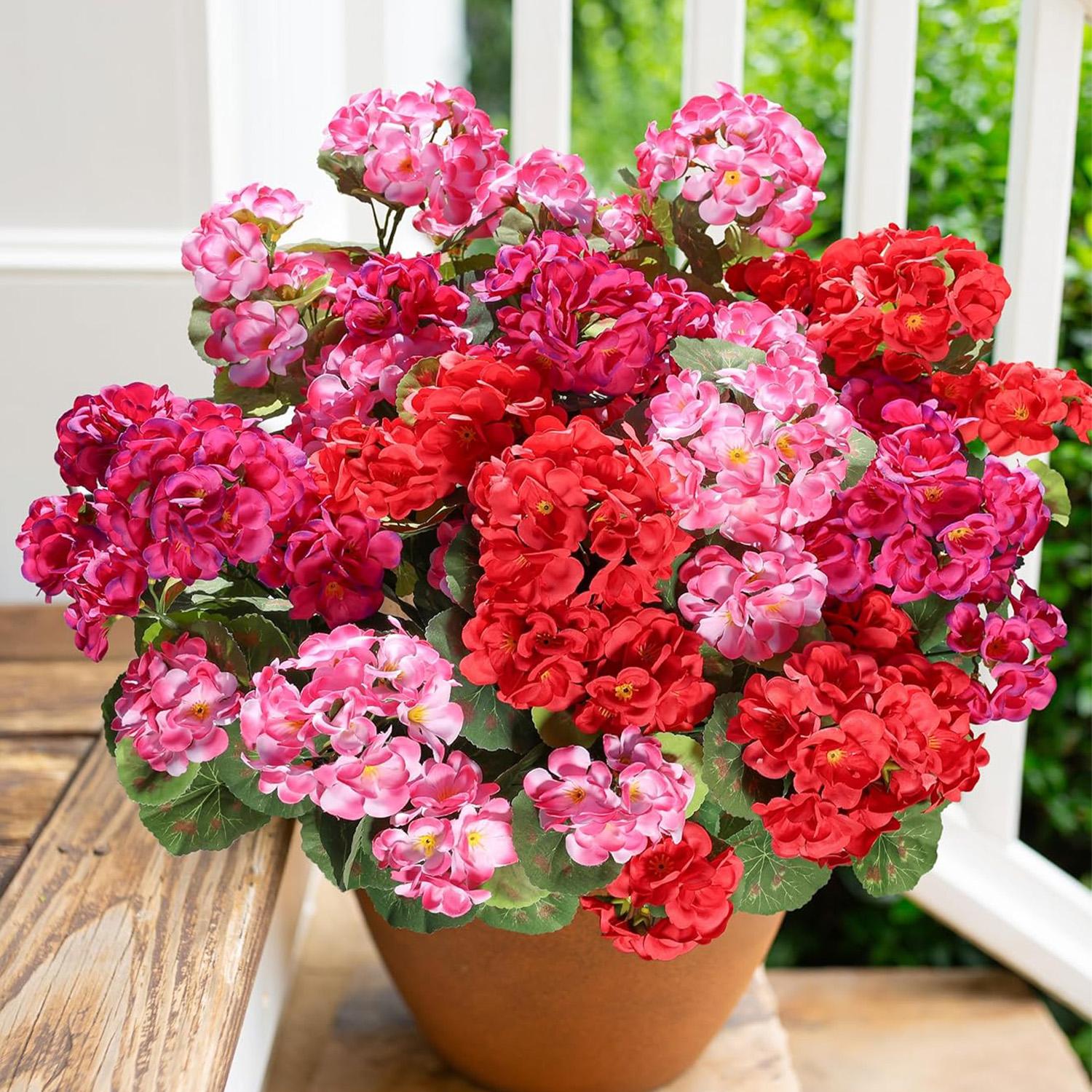 Artificial Geraniums Fake Flowers for Outdoors Decoration, 6 Bundles Silk Geraniums Flower UV Resistant Look Real Faux Plants Fake Blossom Plants for Front Door Garden Porch Planter Patio Balcony Yard Indoor Home, Mix #TOP PICKS