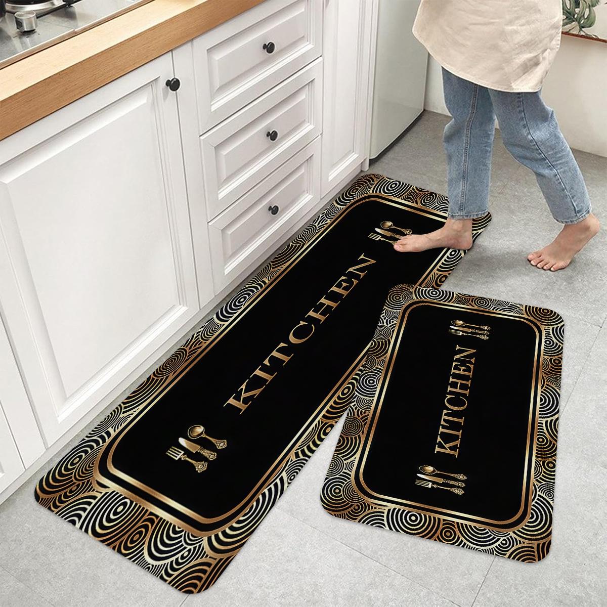 kitchen anti slip carpet floor, black gold geometric texture design printed kitchen floor, soft and comfortable flannel anti slip washable kitchen floor, suitable for kitchen, dining room, room decoration floor, Kitchen Area Rug