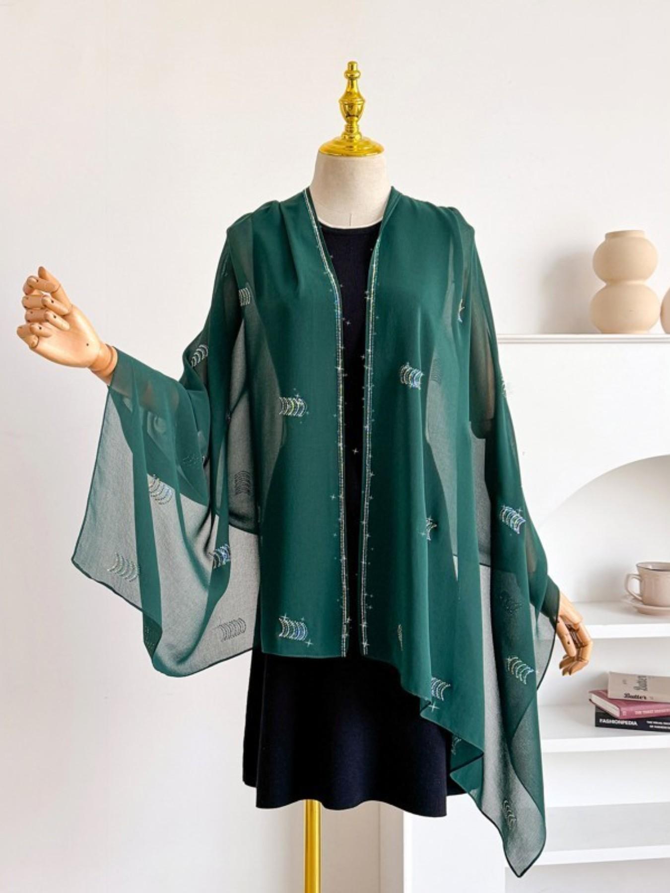 Single Piece Multi-Functional Plain Color New Arcuate Rhinestone Chiffon Long Scarf, Pearl Embellished Sun Protection Shawl, Ethnic Headscarf