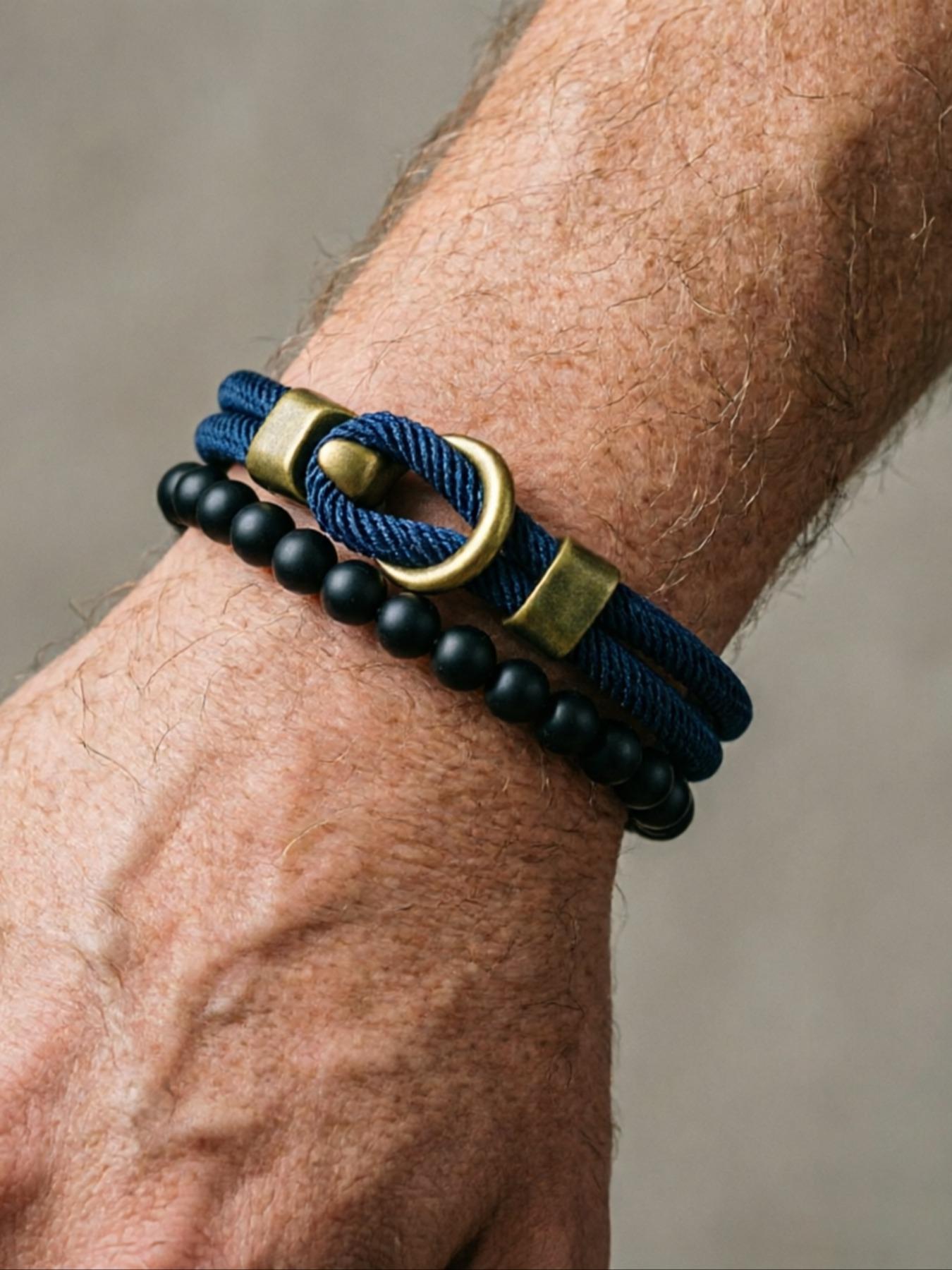 Men's Jewelry Set, Vintage Beaded Bracelet & Hand Rope, 2-Piece Men's Accessory Collection, Stylish Fashion Accessories