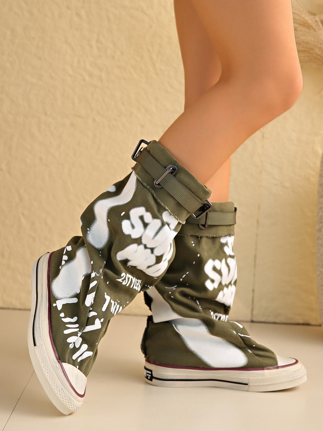 New Women's Graffiti Print Canvas Mid-Calf Boots, Modern Boot, Buckle Strap, Foldable Stackable, Fashionable Above Ankle but Below Knee Boots