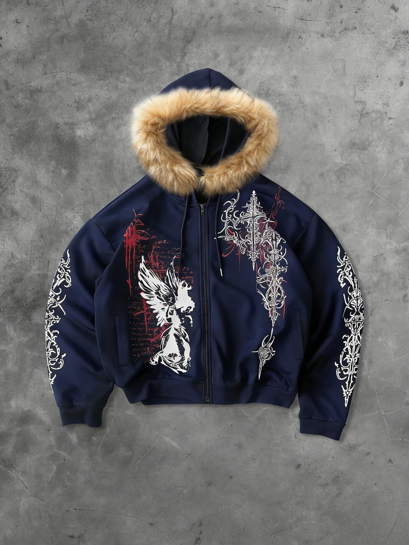 Men's Fleece-Lined Open Front Hoodie with Gothic Print, Casual Fashion Pullover for Daily Wear, Comfortable and Stylish Sweatshirt