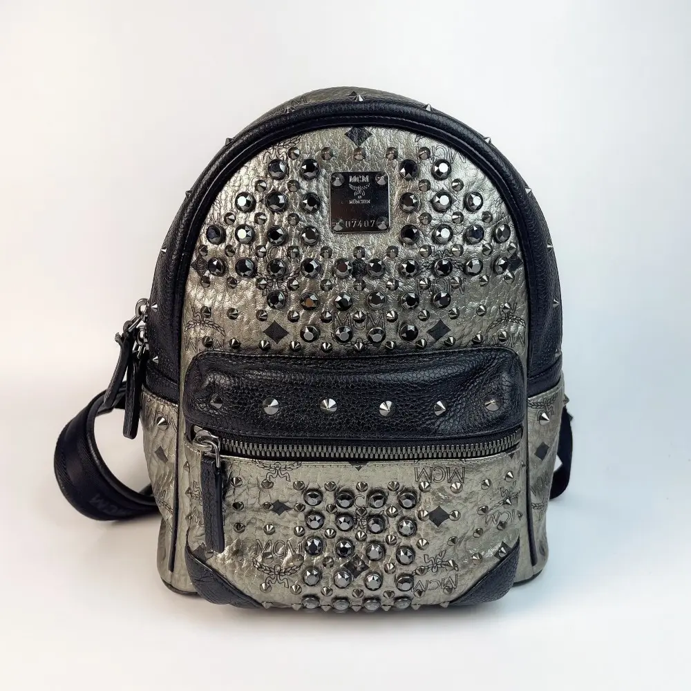 Pre-owned MCM Metallic Silver Visetos Crystal & Studded Mini Backpack[390]