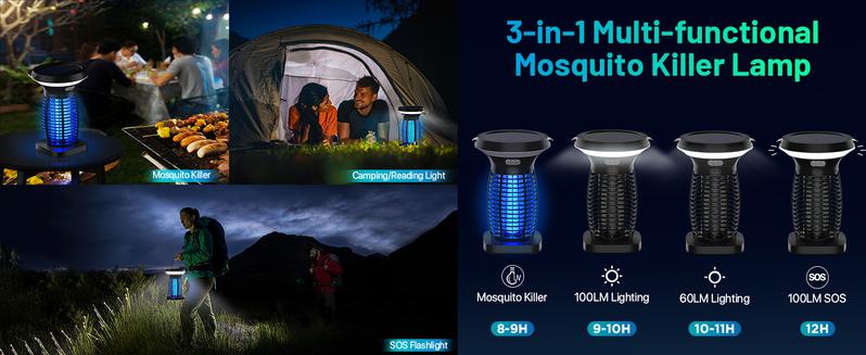 Solar Bug Zapper, 3-in-1 Mosquito Zapper with Camping Lantern, Cordless Bug Zapper for Outdoor and Indoor, Battery Powered Fly Zapper, Waterproof Mosquito Killer for Patio, Home, Backyard, Camping#fathersdaygifts