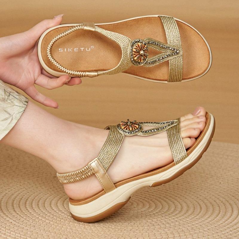 Women’s Boho Beaded T-Strap Sandals, Elastic Slingback Non-Slip TPR Soft Platform Summer Daily Beach Sandals