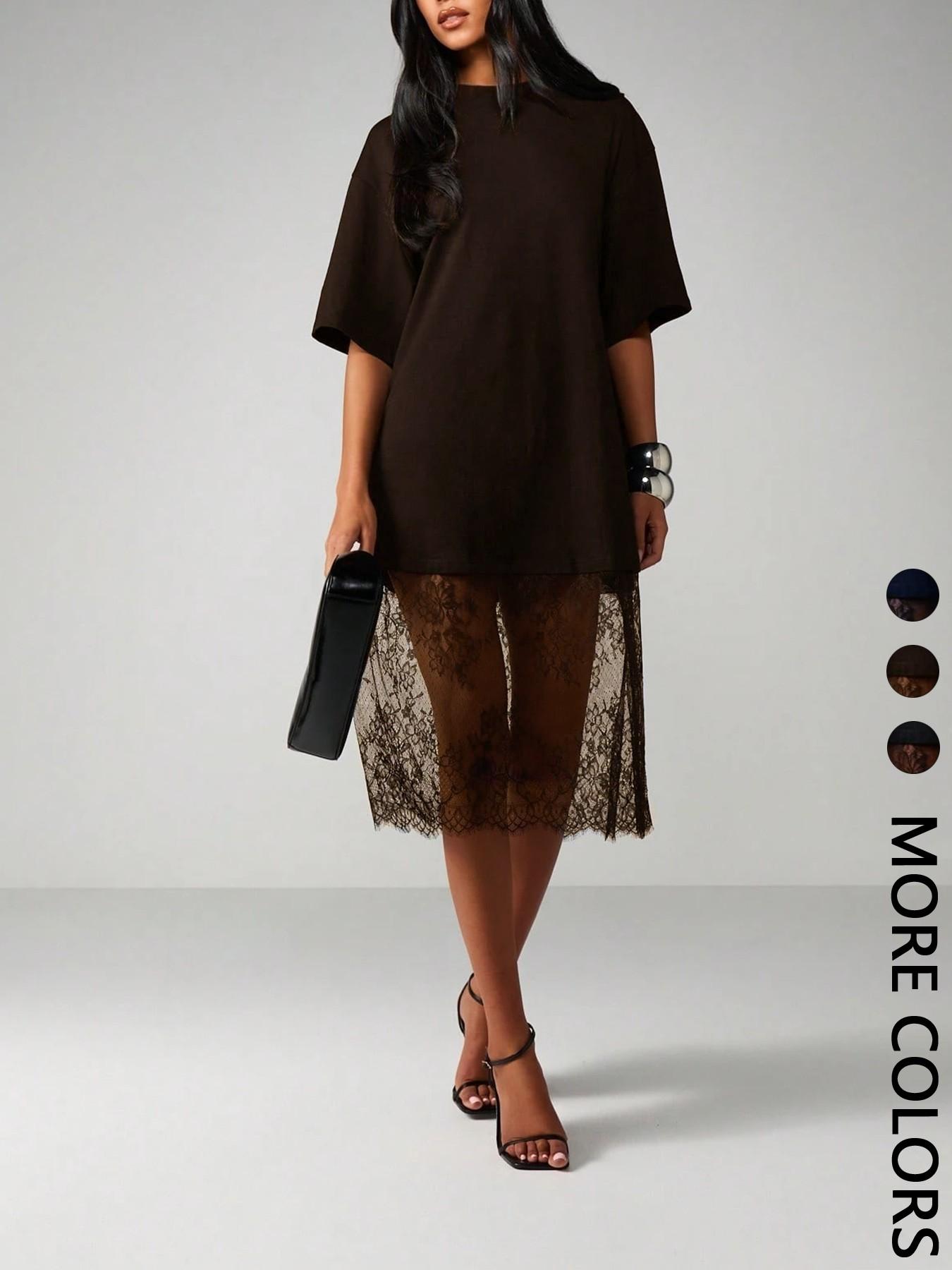 Women's Two-Layer T-Shirt Dress, Womenswear, Crew Neck, Oversized Short Sleeve Knitted Outer, Patchwork, Sheer Floral Lace Midi Underlayer, Soft Breathable Fabric, Casual Daily, Date Night & Party Wear, Edgy Dark Feminine Style