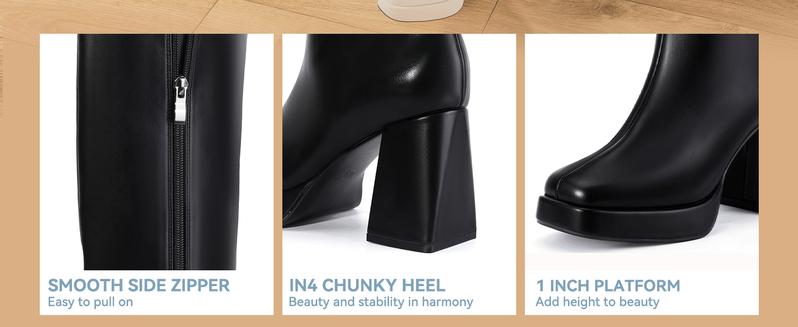 IDIFU Women's Square Toe Knee-High Boots, Soft Comfortable Chunky heel Booties for Winter, Elegant Walking Shoes Girl, Female Black Platform Footwear