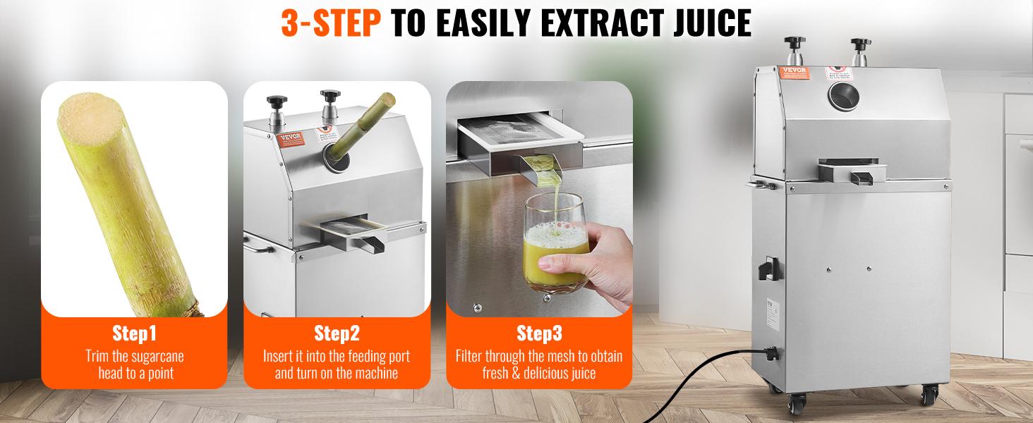 VEVOR Commercial Sugar Cane Juicer, 750W Electric Sugarcane Juicer Machine with 661LBS/H High Output, 3 Stainless Steel Rollers, Sugarcane Juice Press Extractor Squeezer on Wheels for Home/Commercial