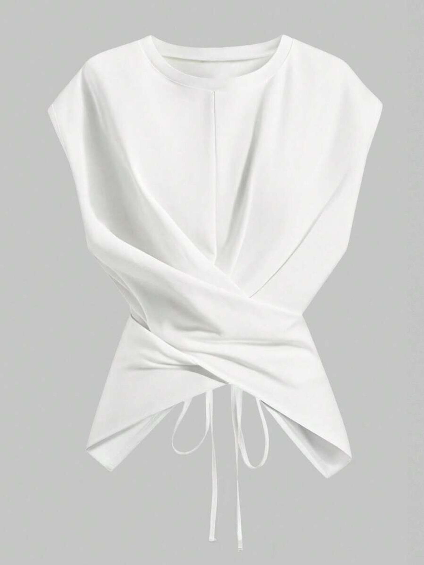 Women's Knitted Round Neck Drop Shoulder Sleeve T-Shirt, Fashion Casual Asymmetrical Ruched Cross Cutout Back Tie Top