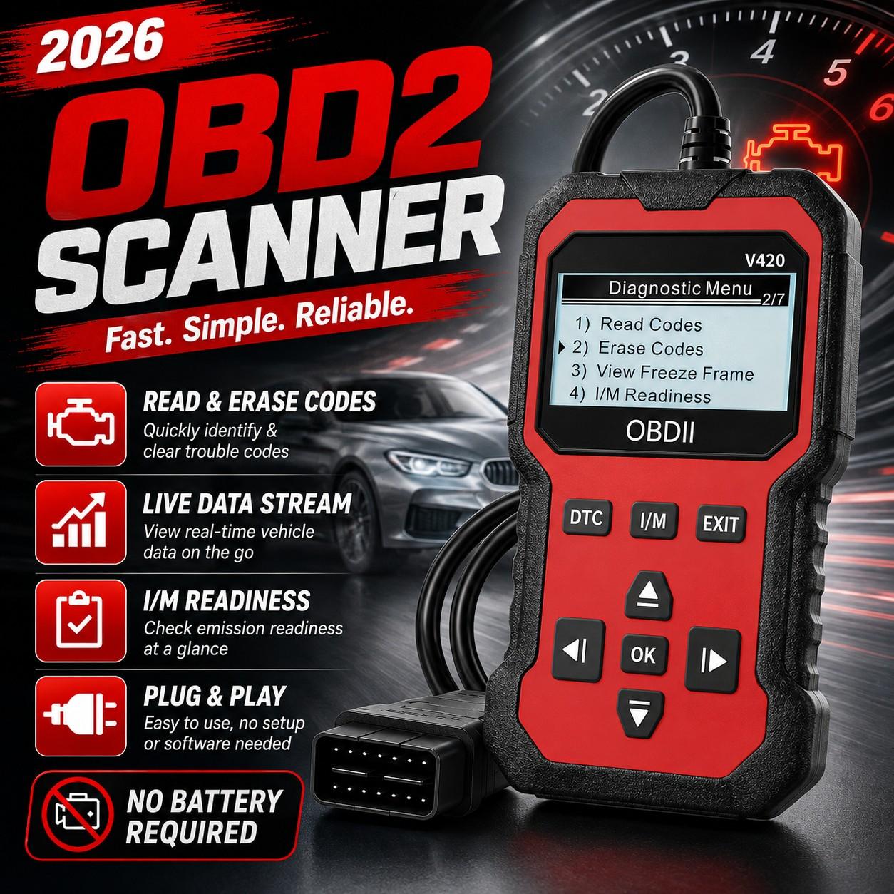 OBD2 Diagnostic Scanner, 1 Count Accurate Code Reader, Efficient Engine Light Diagnostic Aid, and Reliable Battery Voltage Tester for OBD2 - Compliant 12V Cars and Trucks Since 2003