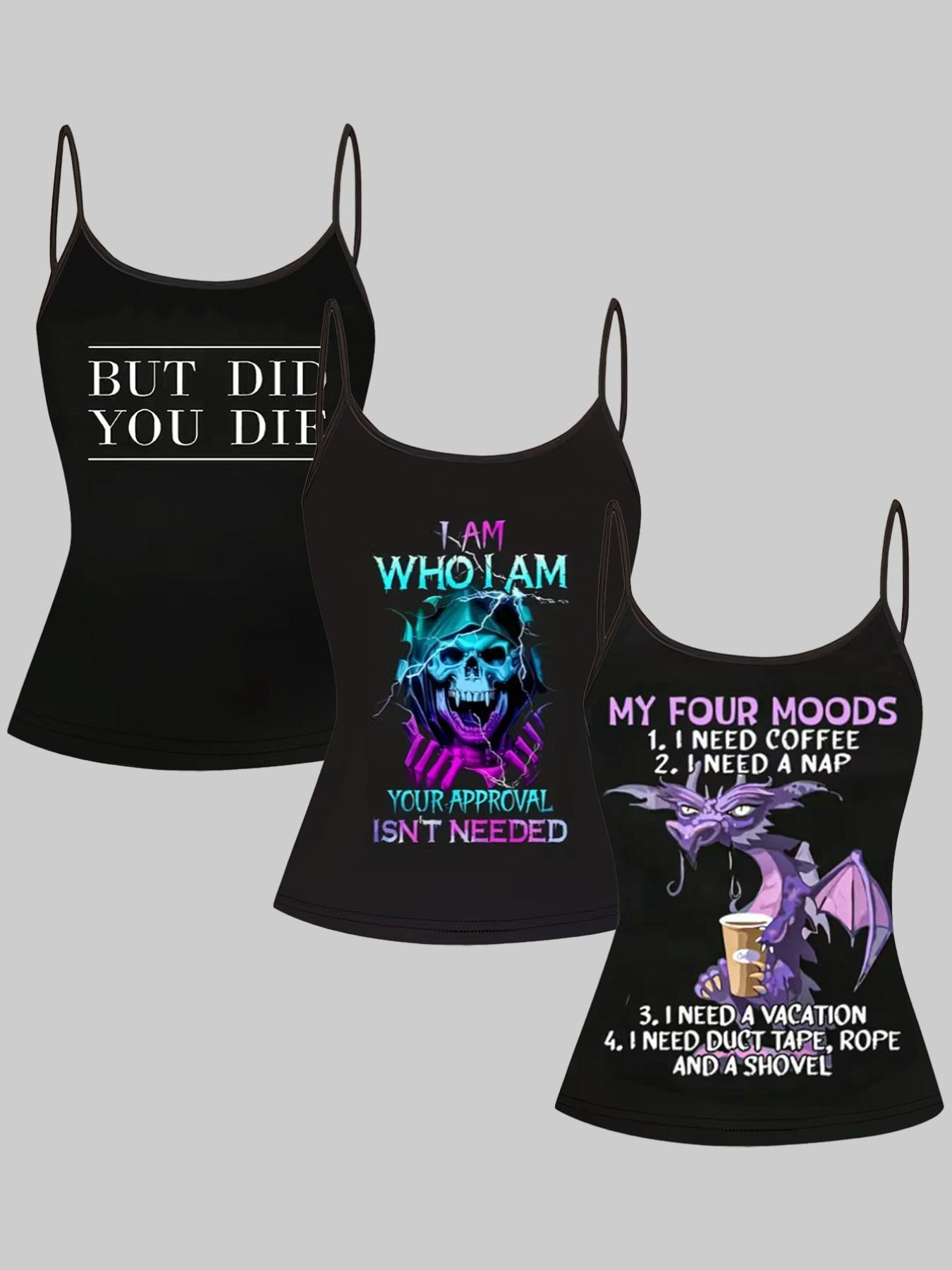 Funny Skull Dragon Three-Piece Set, Adjustable Straps, Casual Sleeveless Top, Slim-Fitting, Home Wear, Reversible Design