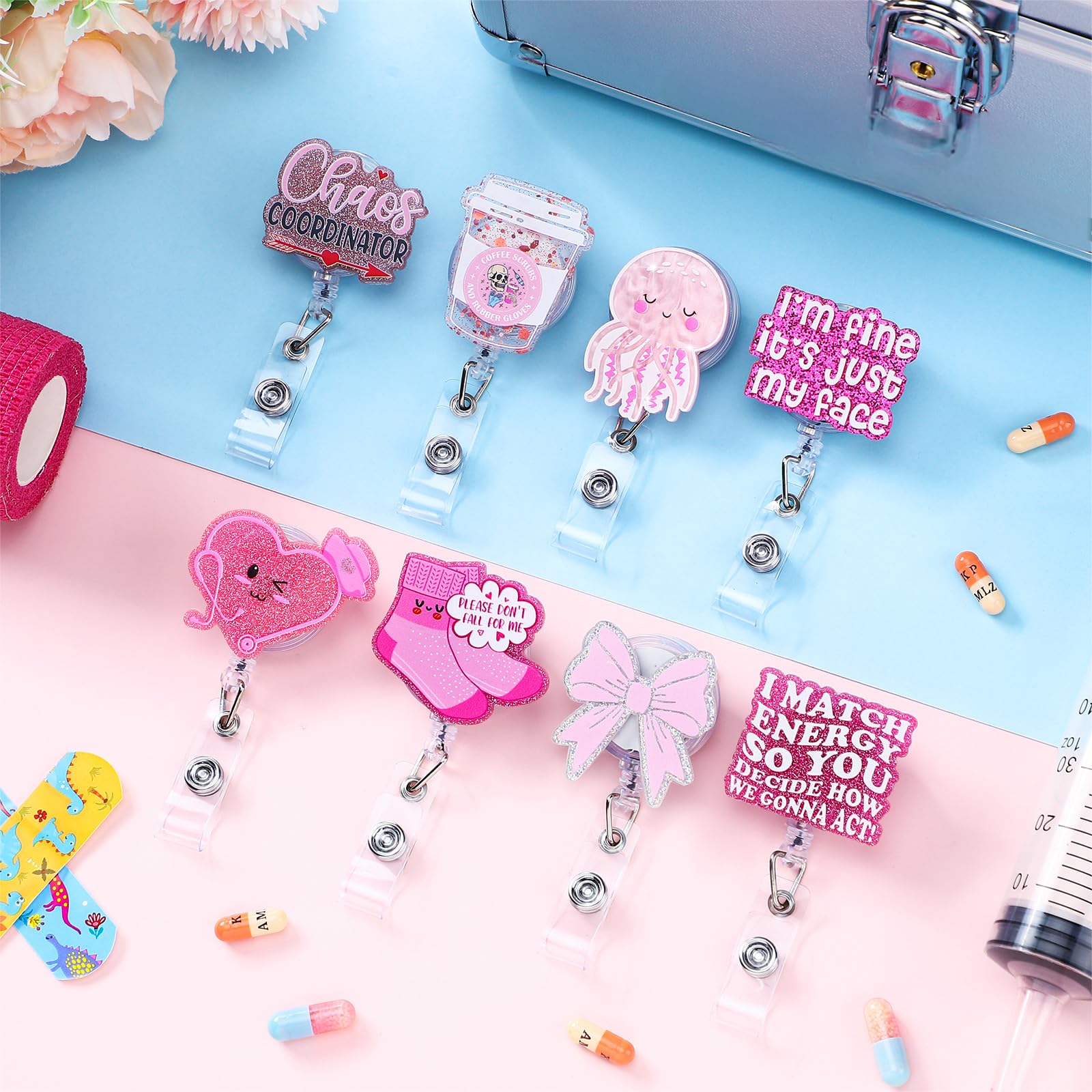 Nurses Week Gift 8pcs Nurse Badge Reel Pink Bow Badge Reel Retractable Badge Reel with Alligator Clip Accessories Cute Acrylic Clip with Motivational Quote Easter Gift for Nurse Medical Doctors Healthcare Worker Student Office School Teacher