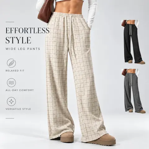Men's Plaid Wide-Leg Casual Trousers Multi Pack, Elastic Waistband with Adjustable Drawstring, Flowy and Loose Wide-Leg Cut, Practical Side Insert Pockets, Available in Multiple Colors, Suitable for Holiday Trips and Daily Casual Street Outfits