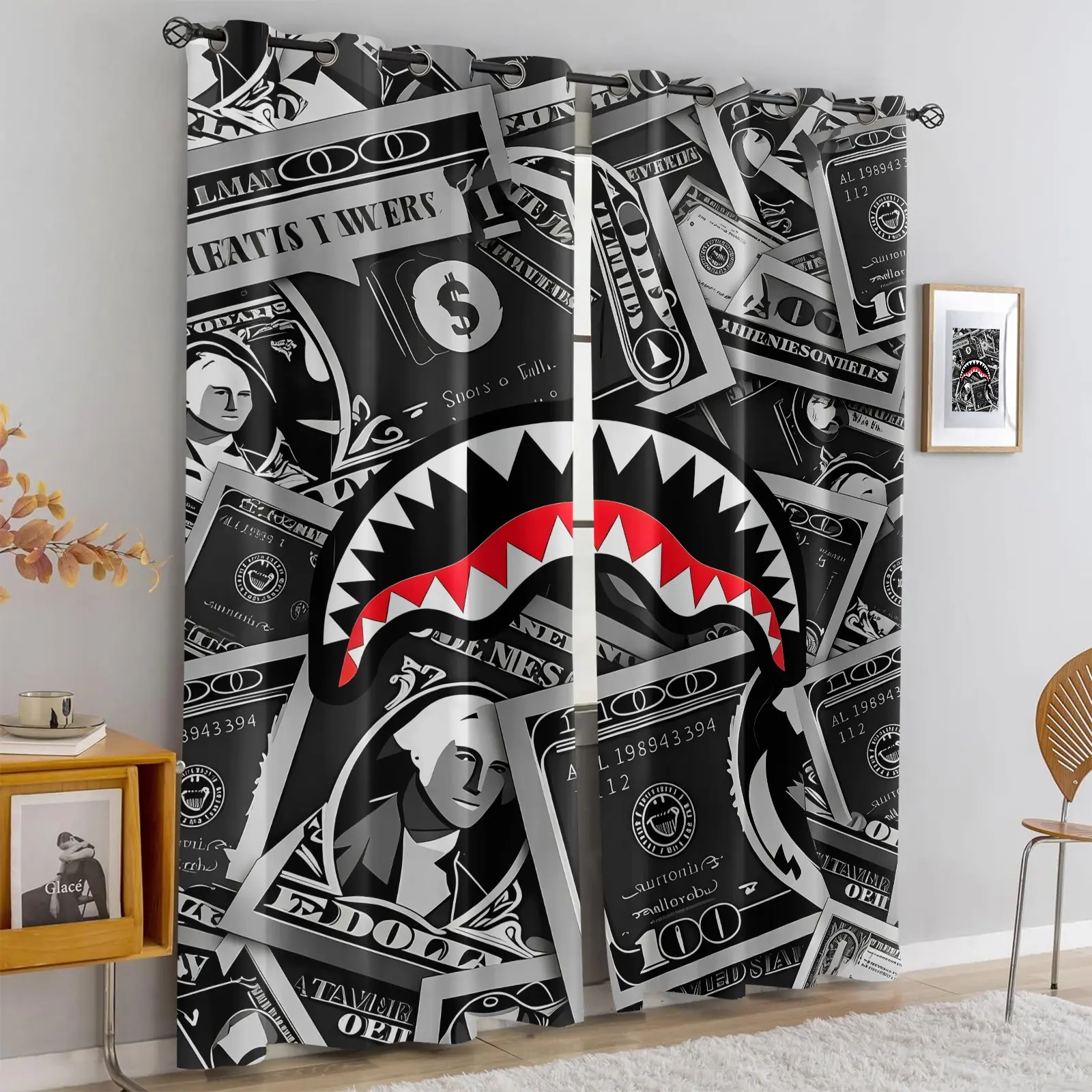 Hypebeast Aesthetic Blackout Curtains, 2 Panels Black White Dollar Bill Shark Mouth Print Grommet Window Drapes, Cool Streetwear Decor, Light Blocking Washable Curtains for Gaming Room Teen Bedroom Dorm
