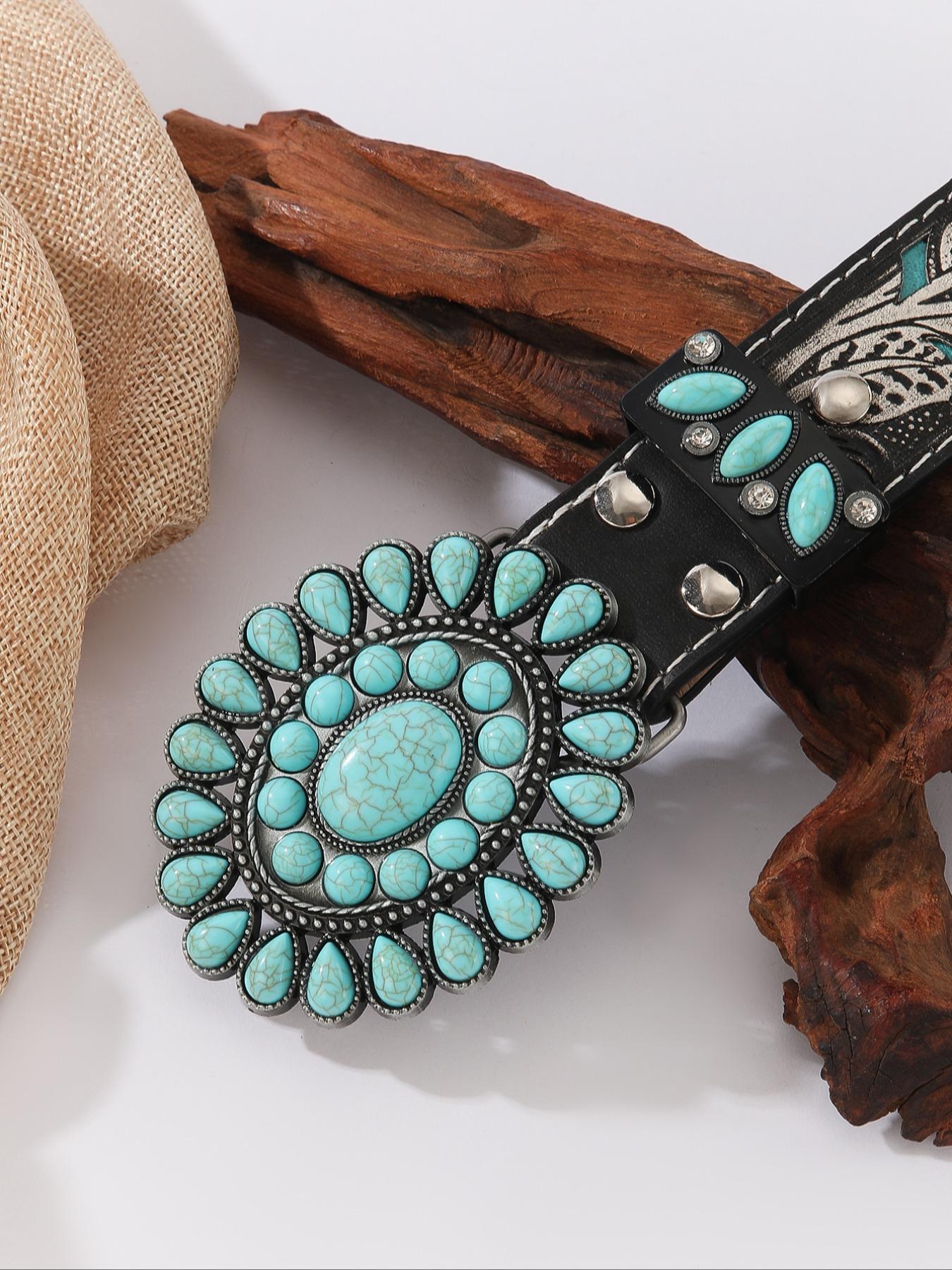 Women's Bohemian Style Waist Belt with Turquoise Alloy Buckle, Vintage Fashion Accessory for Ladies, Elegant Design for Daily Wear