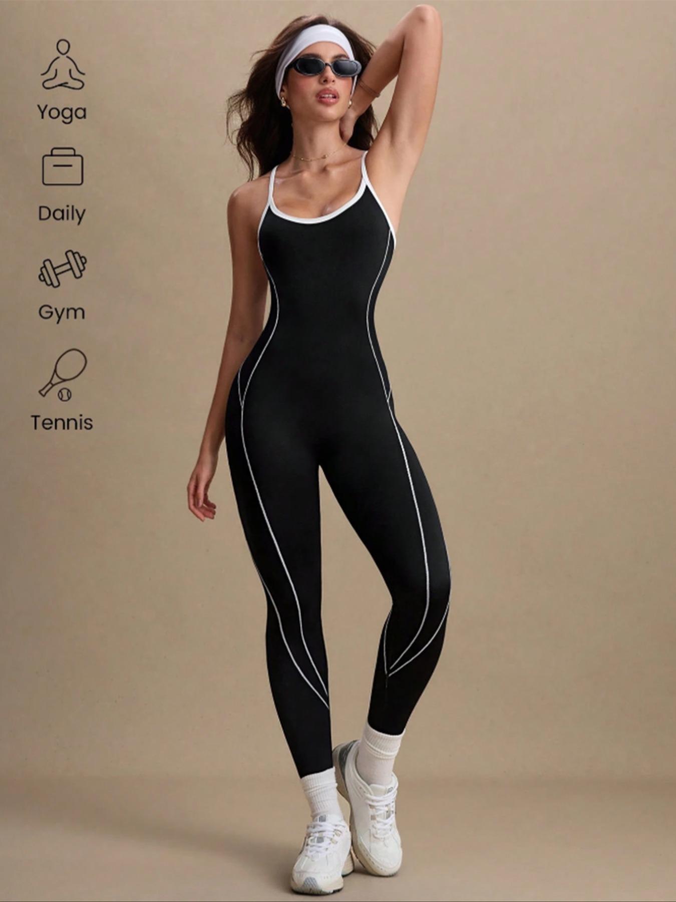 Women's Colorblock U Neck Adjustable Strap High Elastic Yoga Jumpsuit, Sporty Sleeveless Fitness, All Season Comfortable Wear, Workout Jumpsuit, Tummy Control Jumpsuit
