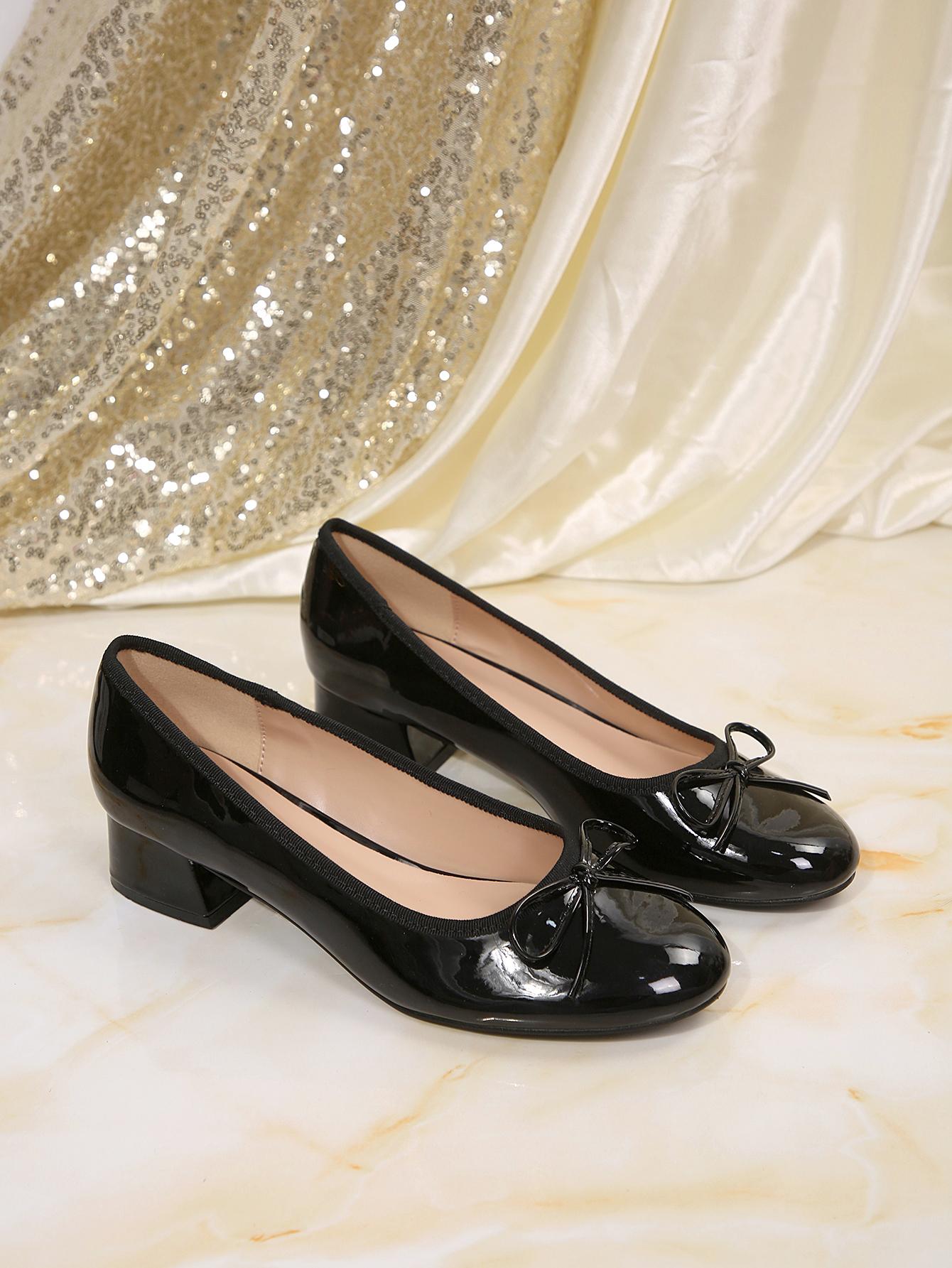 mysoft Women's Patent Leather Low Heel Pumps - Bow Accent Slip-On Heels for Women, Office, Wedding