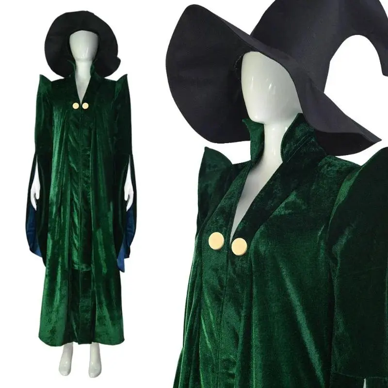 Mileva McGonagall Costume Cosplay Witchcraft Wizardry Professor Costumes Velvet Green Cloak Halloween Carnival Costume Women