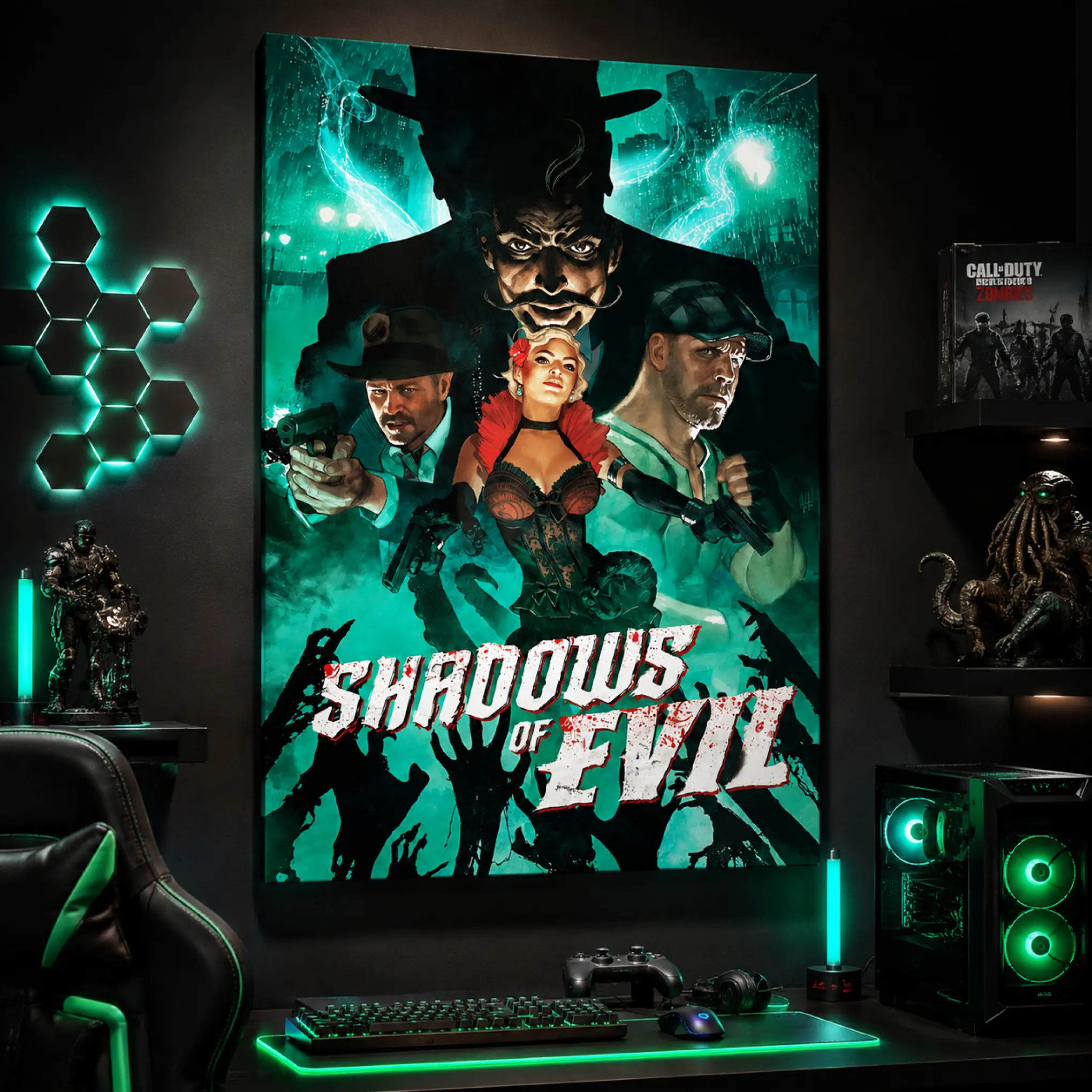 Call of Duty Black Ops III Zombies Shadows of Evil Canvas Wall Art Poster Featuring The Shadowman, Nero Blackstone, Jessica Rose & Jack Vincent, Dark Horror Gaming Room Decor for Gamer Bedroom Man Cave