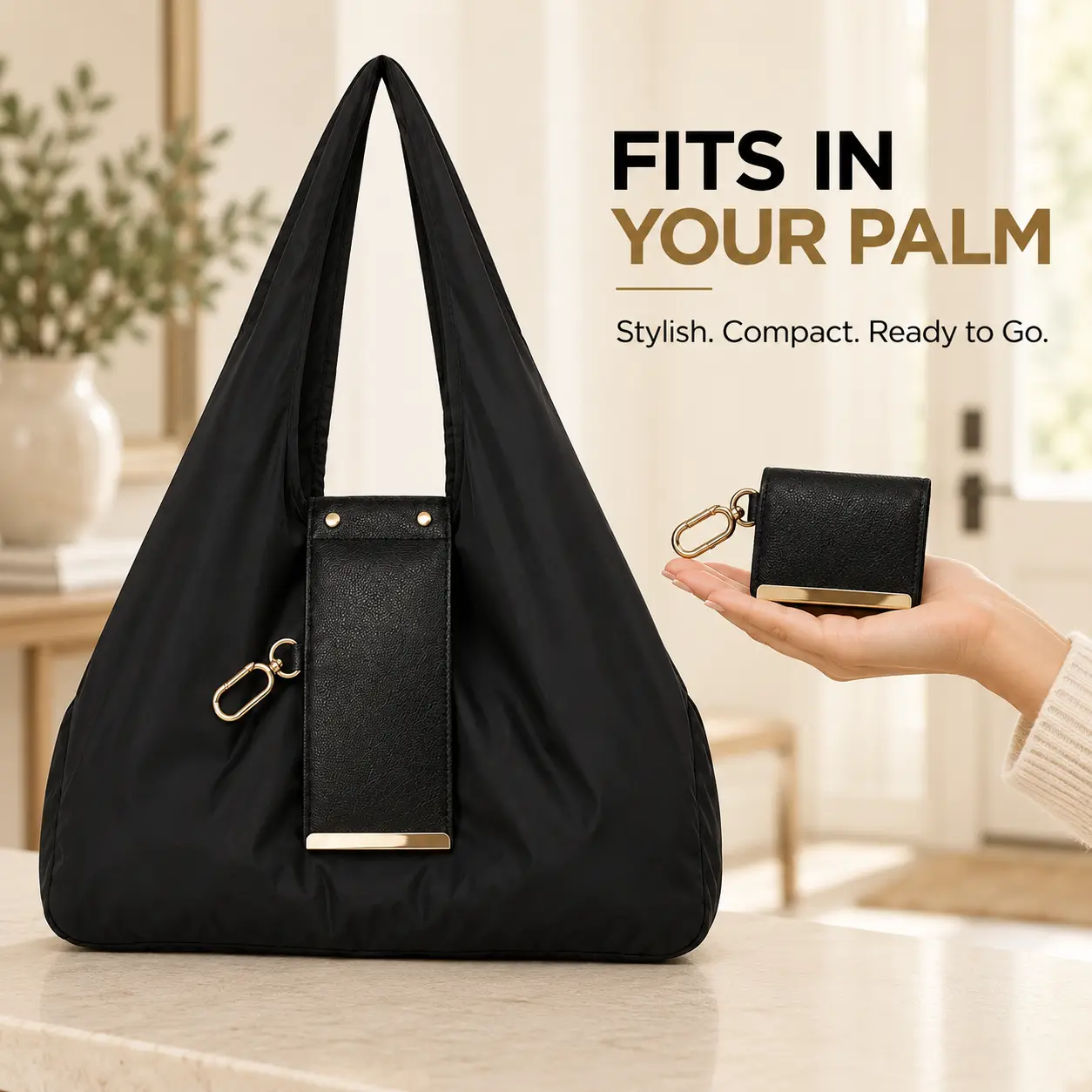Practical Nylon Foldable Keychain Tote Bag with Snap Hook, Key Ring, Compact PU Pouch, Reusable Packable Shoulder Bag for Supermarket Shopping, Daily Errands, Tote Bags