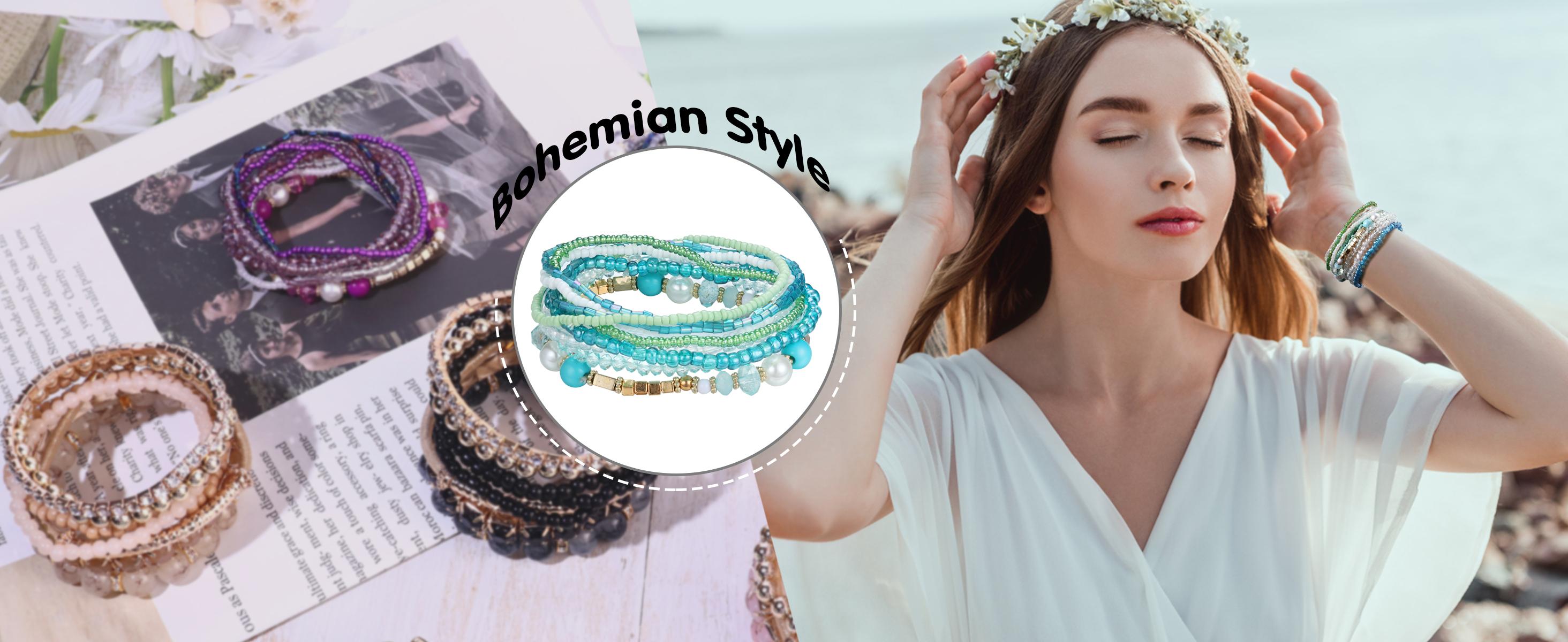 LOYALLOOK 6 Sets Bohemian Stackable Bead Bracelets for Women Stretch Bohemian Style Stretch Multilayered Boho Bracelet Set