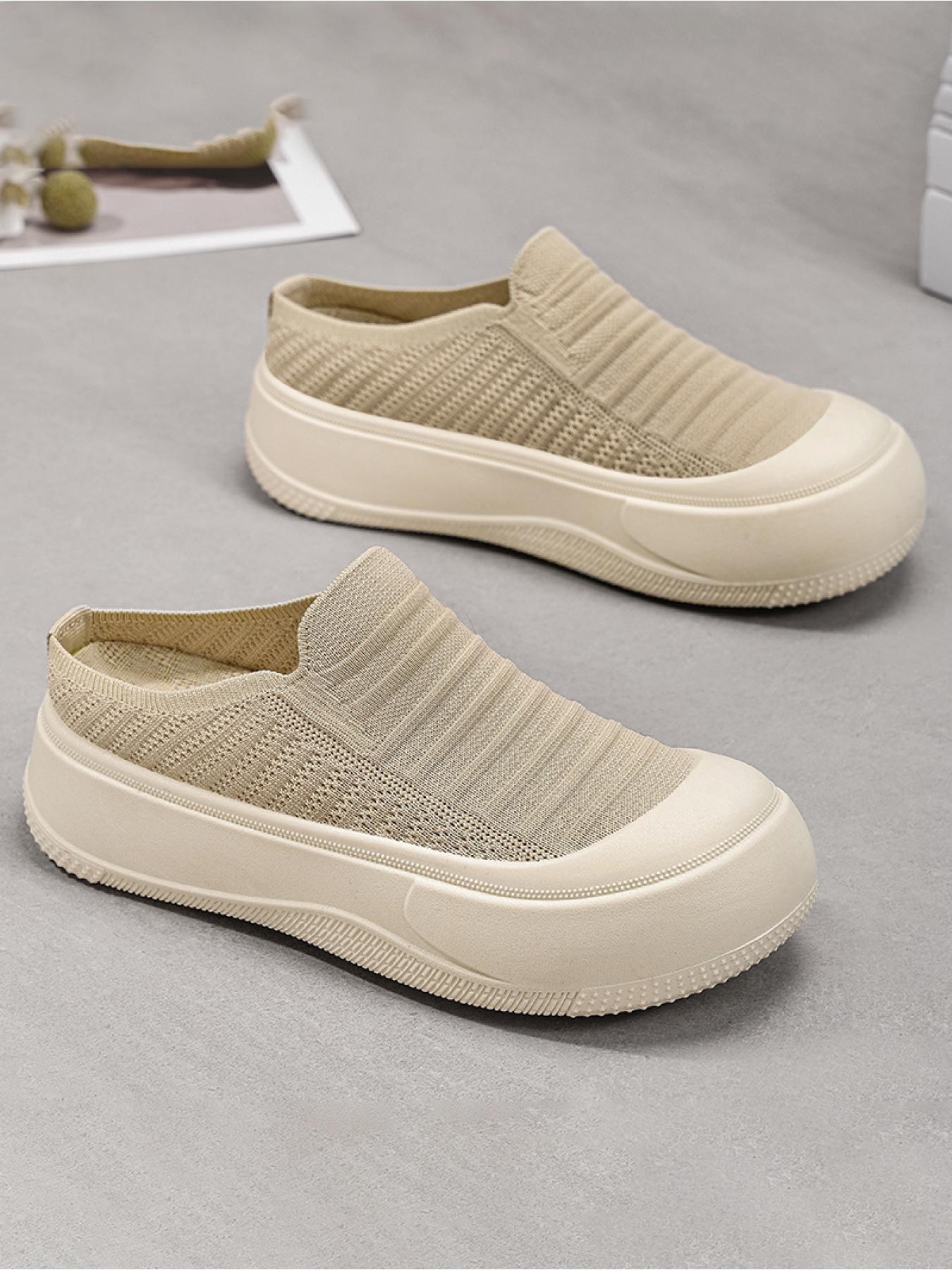 YYW1 Women's Slip-On Casual Trainers, Breathable Flyknit Textile Shoes, Thick Sole, Lightweight PVC Plain Shoes for Daily Commute, Indoor-Outdoor Wear
