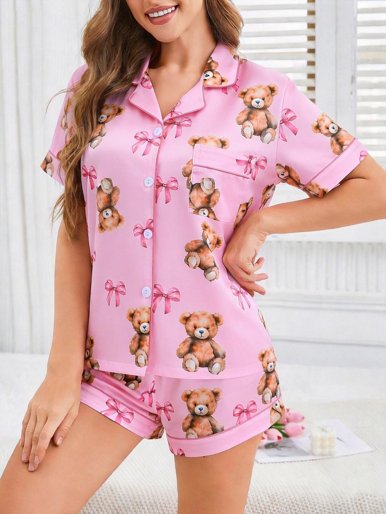 2 Piece Women's Pajamas Set, Pink Teddy Bear Bow Print Short Sleeve Sleepwear, Lapel Button Down Top with Pocket, Elastic Waist Shorts, Cute Cartoon Bear Comfy Loungewear for All Seasons, Daily Casual Homewear