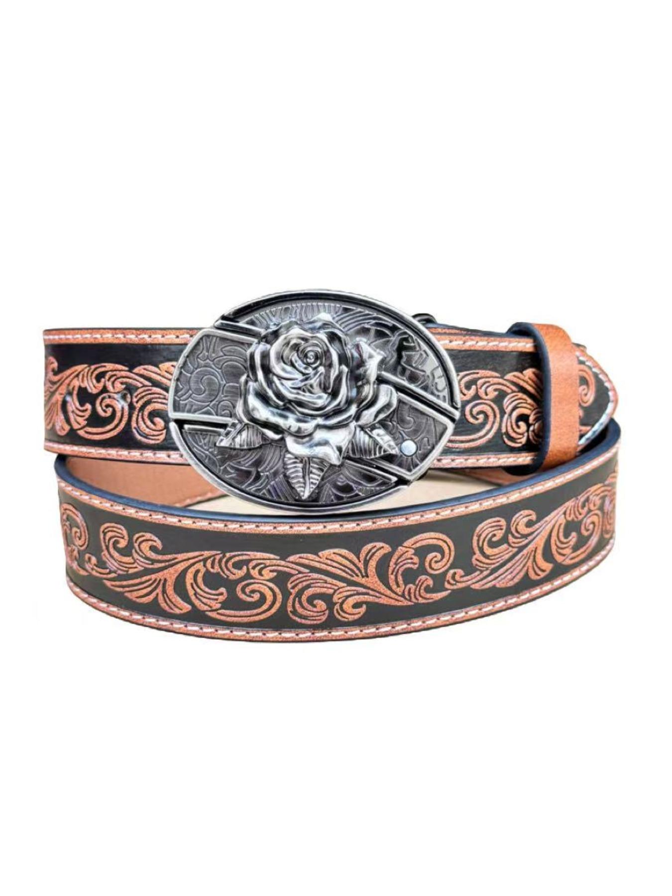 Vintage Leather Studded Belt Brass Rose Buckle Boho Western S Woman main image 3