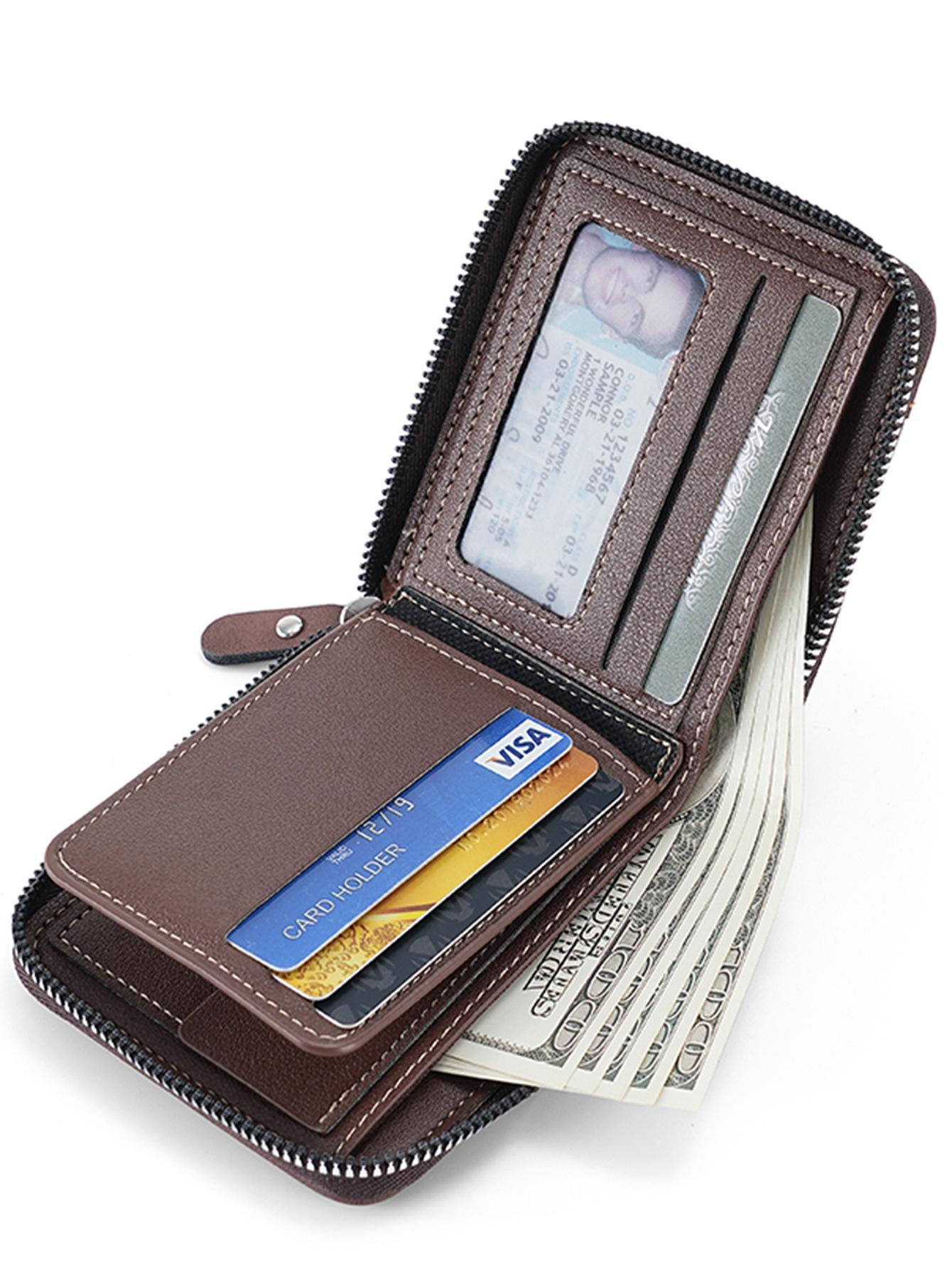 Men's  Zipper Short PU Leather Wallet Woven Tape Spliced Leather Vintage Purse Multifunctional and Multi Card ID Money Bag