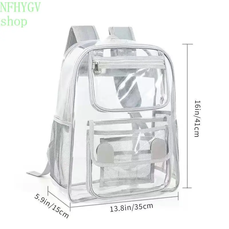 Heavy-Duty Waterproof Clear PVC Backpack With Silver Edging, Stadium Compliant Transparent Daypack Equipped With Multi Compartments And Side Mesh Bags, Spacious Bag Ideal For School Life, Concerts, Sports Events, Trips And Daily Commuting