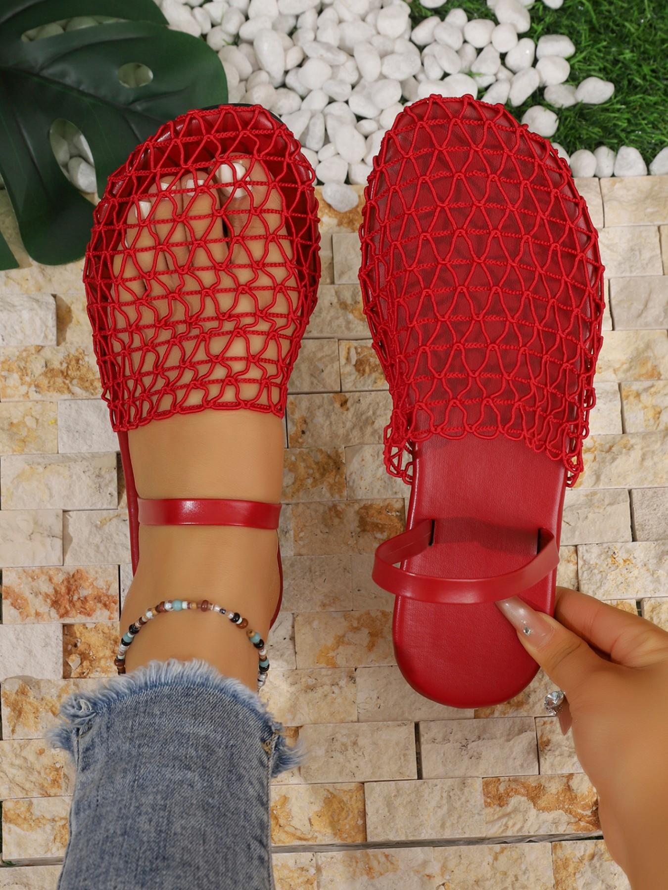 Women's YYW1 Fishnet Weave Hollow-Out Round Toe Flat Slip-On Casual Shoes, Large Sizes, Comfortable Walks for Daily Wear