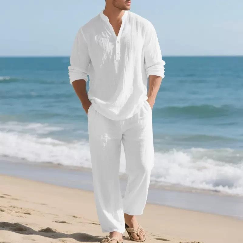 Men's 2-Piece Linen Pajamas & Loungewear Set - Long Sleeve, V-Neck, Loose, Breathable, Casual Menswear for Autumn, Winter