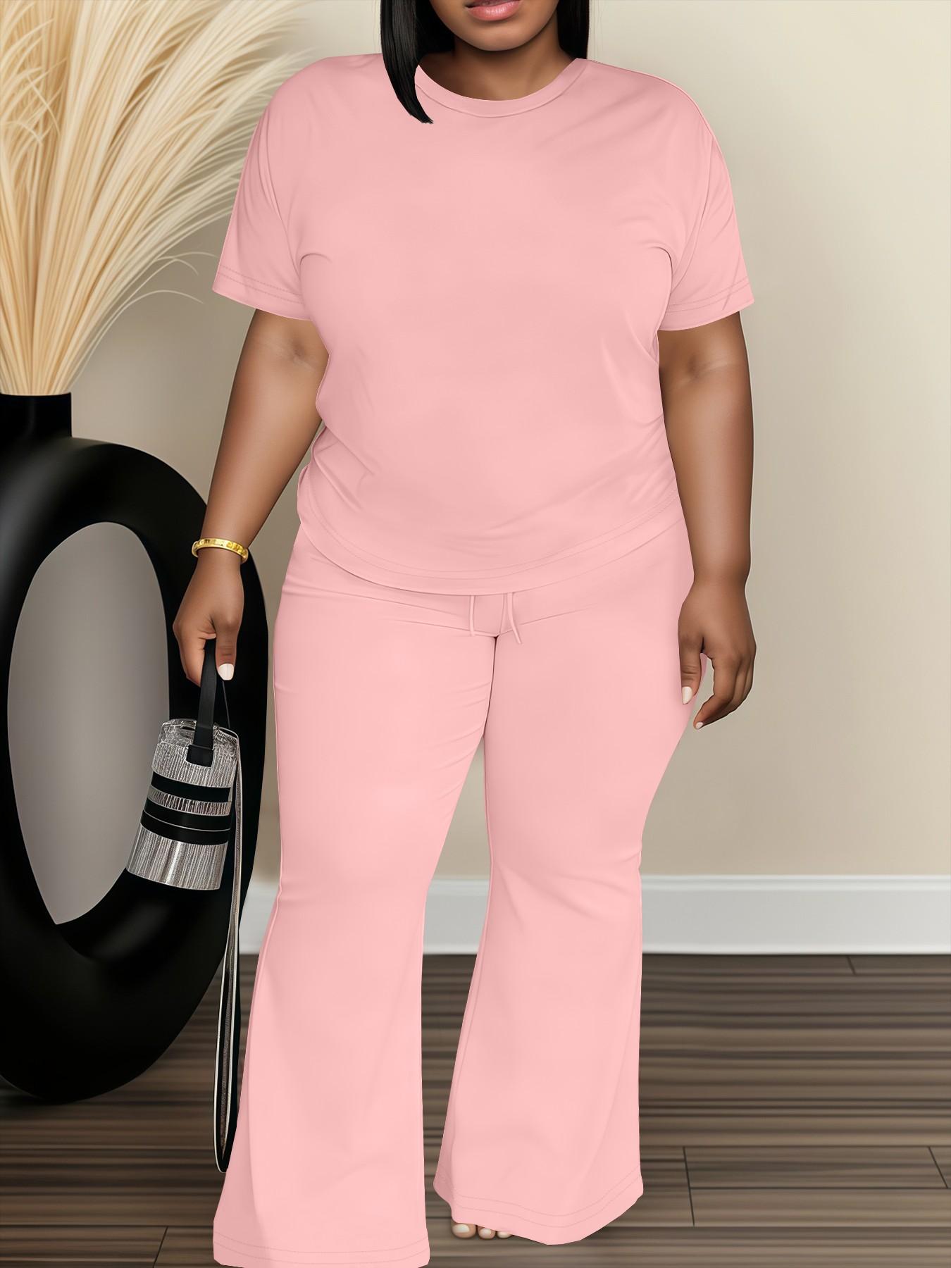 Women's Fashionable Big Size Casual Round Neck Short Sleeve Top & Loose Fit Straight Pants Set, Spring & Fall Comfortable Plain Design Women's Fashionable Big Size Casual Round Neck Short Sleeve Top & Loose Fit Straight Pants Set, Spring & Fall Comfortable Plain Design