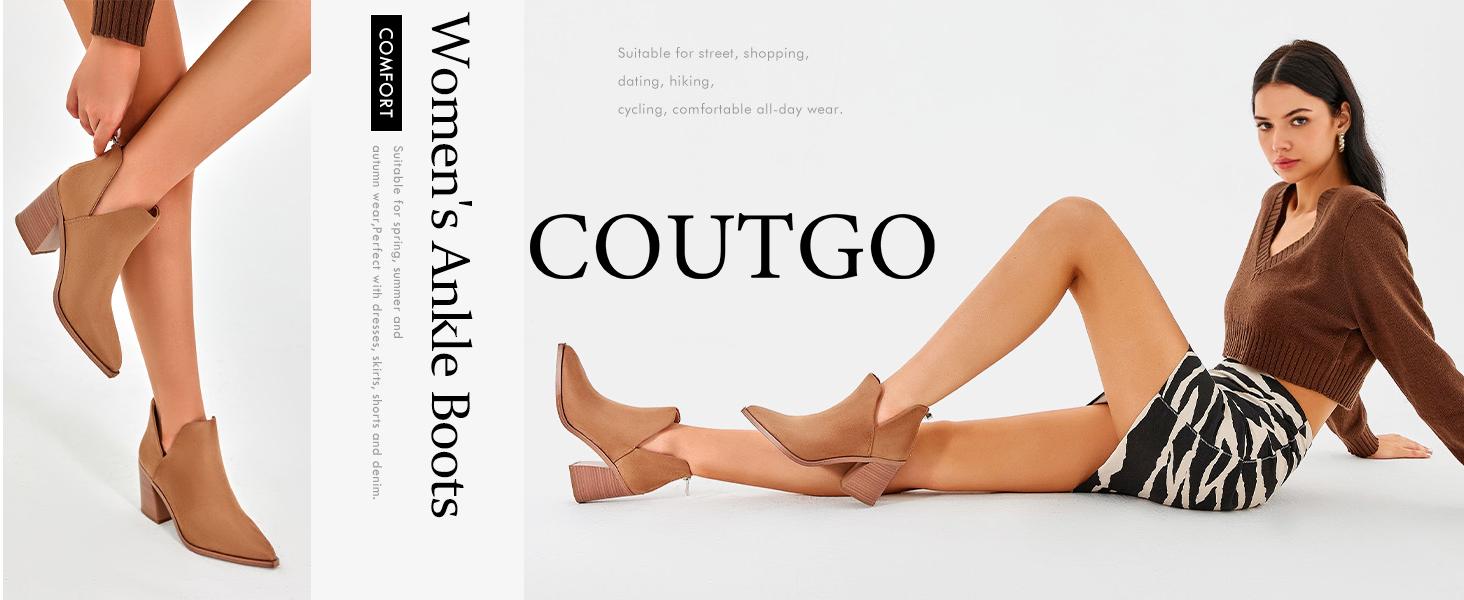 Coutgo Womens Pointed Toe Stacked Mid Heel Ankle Boots V Cut Back Zipper Faux Leather Booties Coutgo Womens Pointed Toe Stacked Mid Heel Ankle Boots V Cut Back Zipper Faux Leather Booties