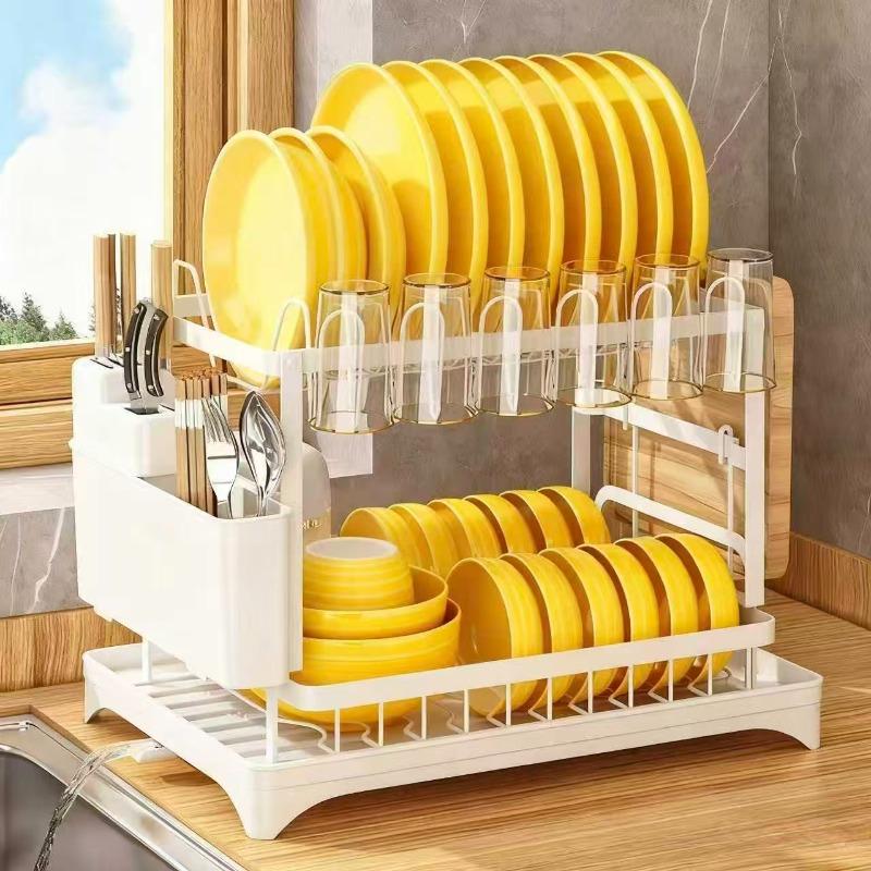 Countertop dish draining rack with removable drain tray and knife, fork and chopstick storage rack