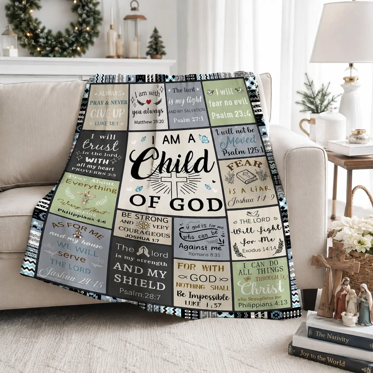 1pc Religious Scripture Grid Fleece Blanket, beige black and gray green squares printed with crosses, butterflies, birds and books. Soft & machine washable, Inspirational Blanket, for bedroom, dorm decor, nice holiday gift for friends and family.