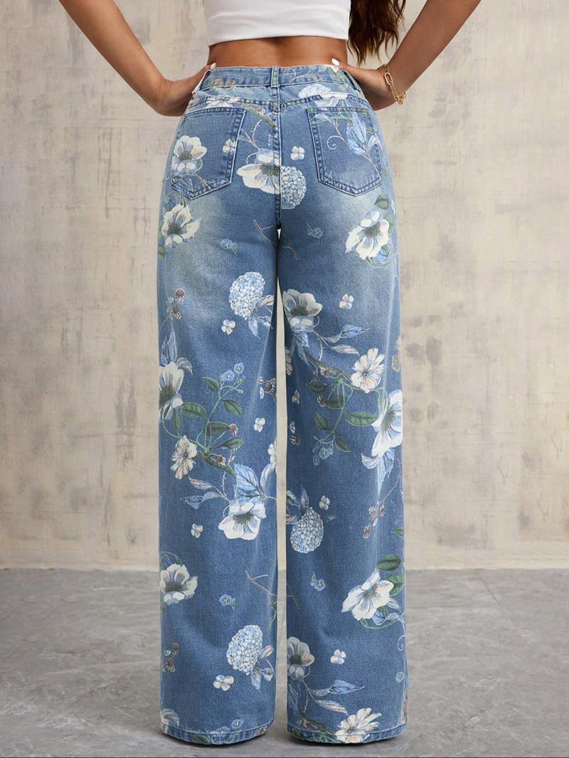 NVFelix High-Rise Vintage Floral Straight Leg Pants for Women Summer Casual Denim Pants Denim Clothing