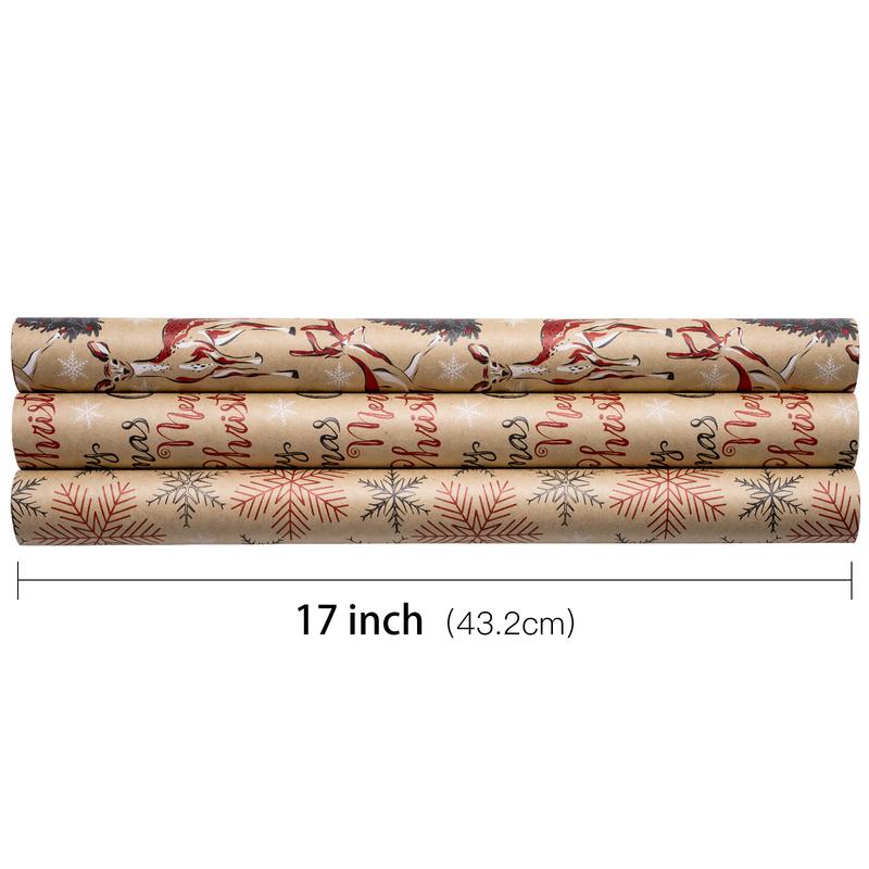 RUSPEPA Christmas Kraft Wrapping Paper Roll - Mini Roll - 17 inches x 10 feet per Roll, Total of 3 Rolls - Black Red Reindeer, Snowflake and Text